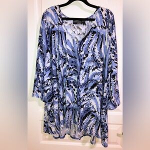 Attitudes by Renee V-Neck Blue Pattern Elbow Sleeve Blouse 3x